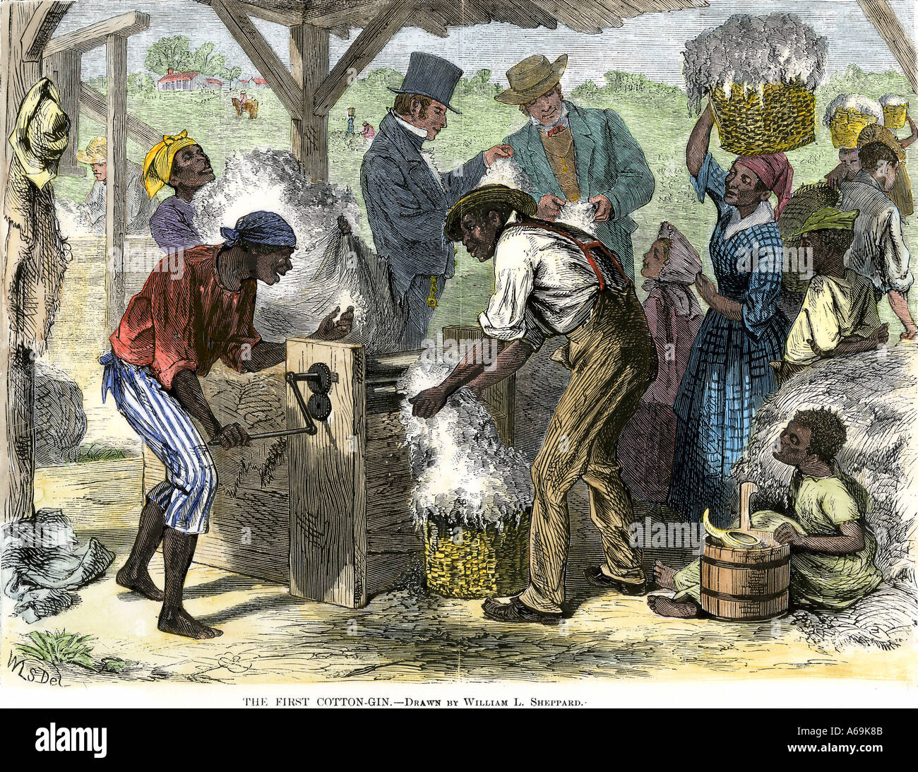 Slaves using Eli Whitney's cotton gin. Hand-colored woodcut Stock Photo