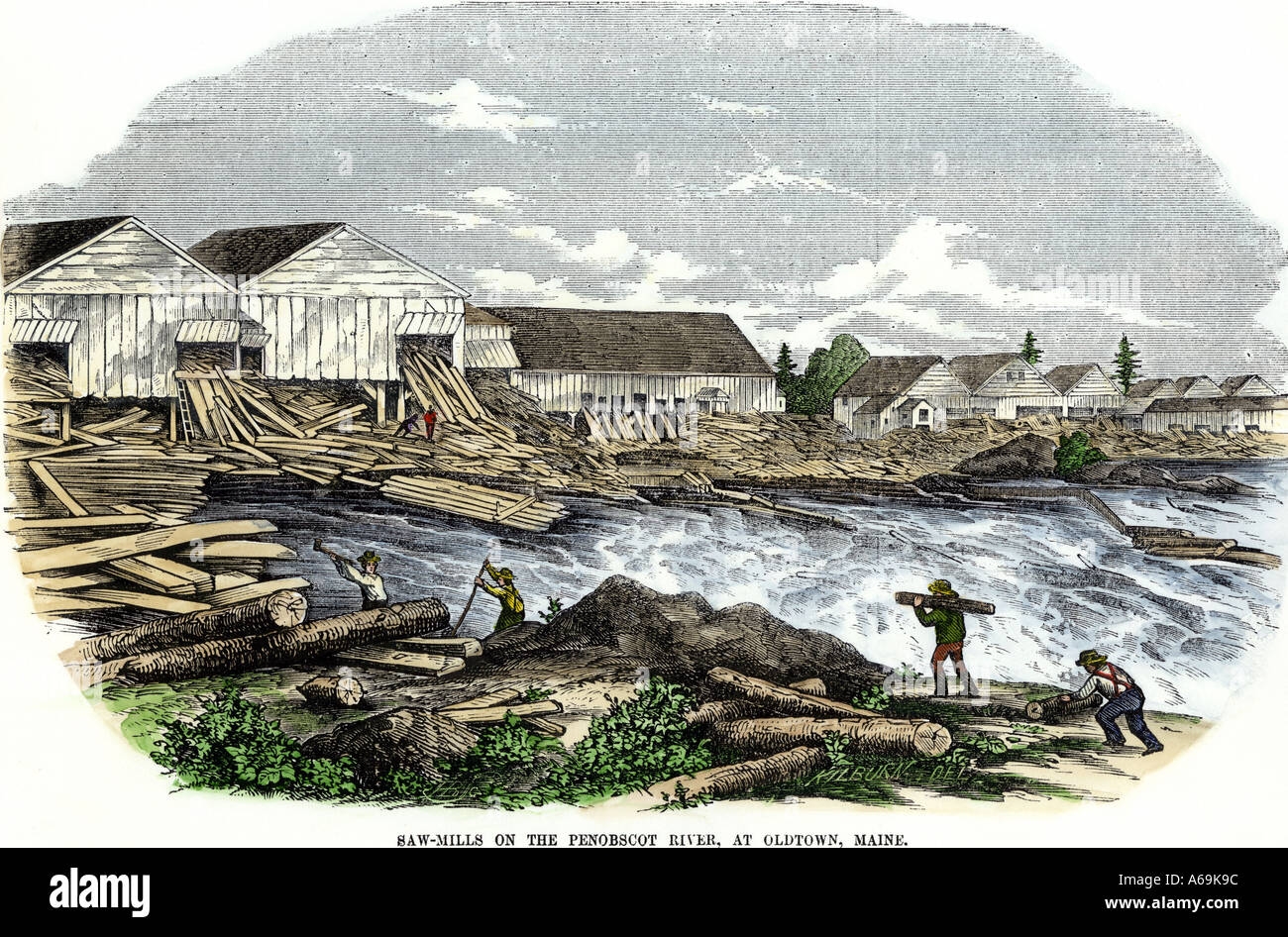 Sawmills on the Penobscot River at Old Town Maine 1850s. Hand-colored woodcut Stock Photo