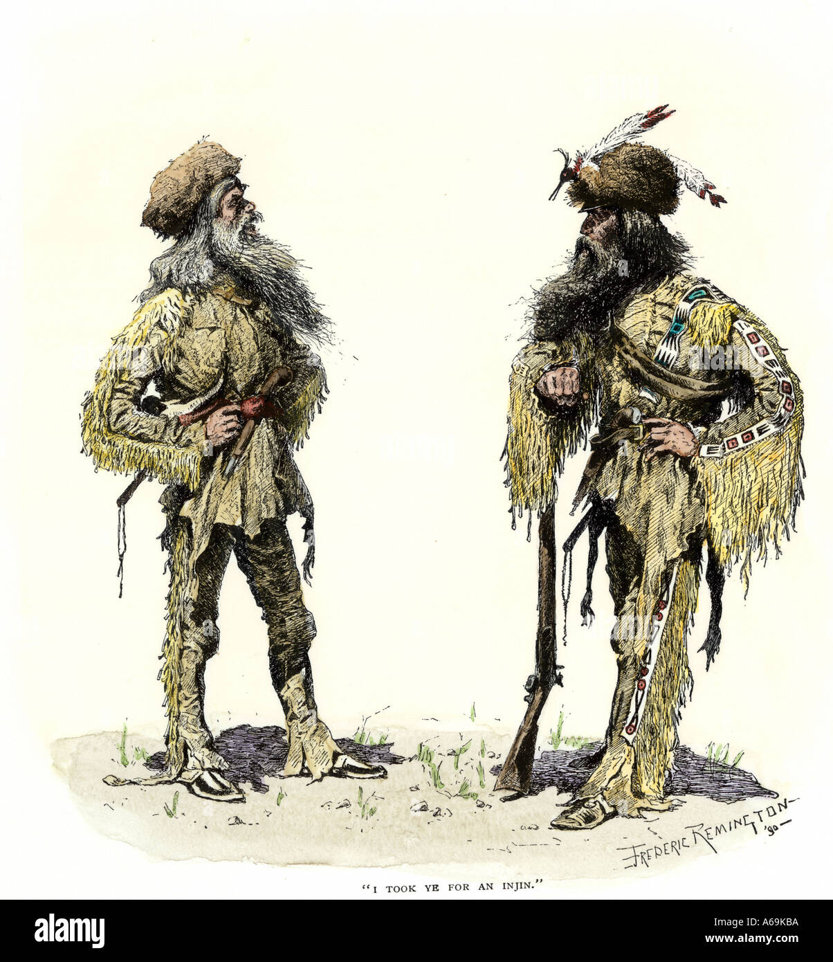 Mountain men greeting each other, ' I took ye for an Injin' (mistook you for an Indian). Hand-colored woodcut of a Frederic Remington illustration Stock Photo