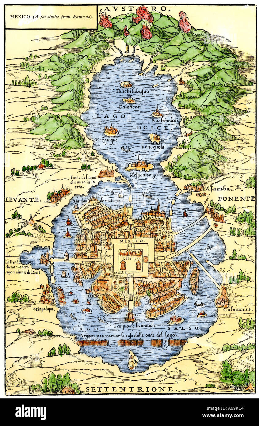 Tenochtitlan capital city of Aztec Mexico an island connected by causeways to land 1520s. Hand-colored woodcut Stock Photo