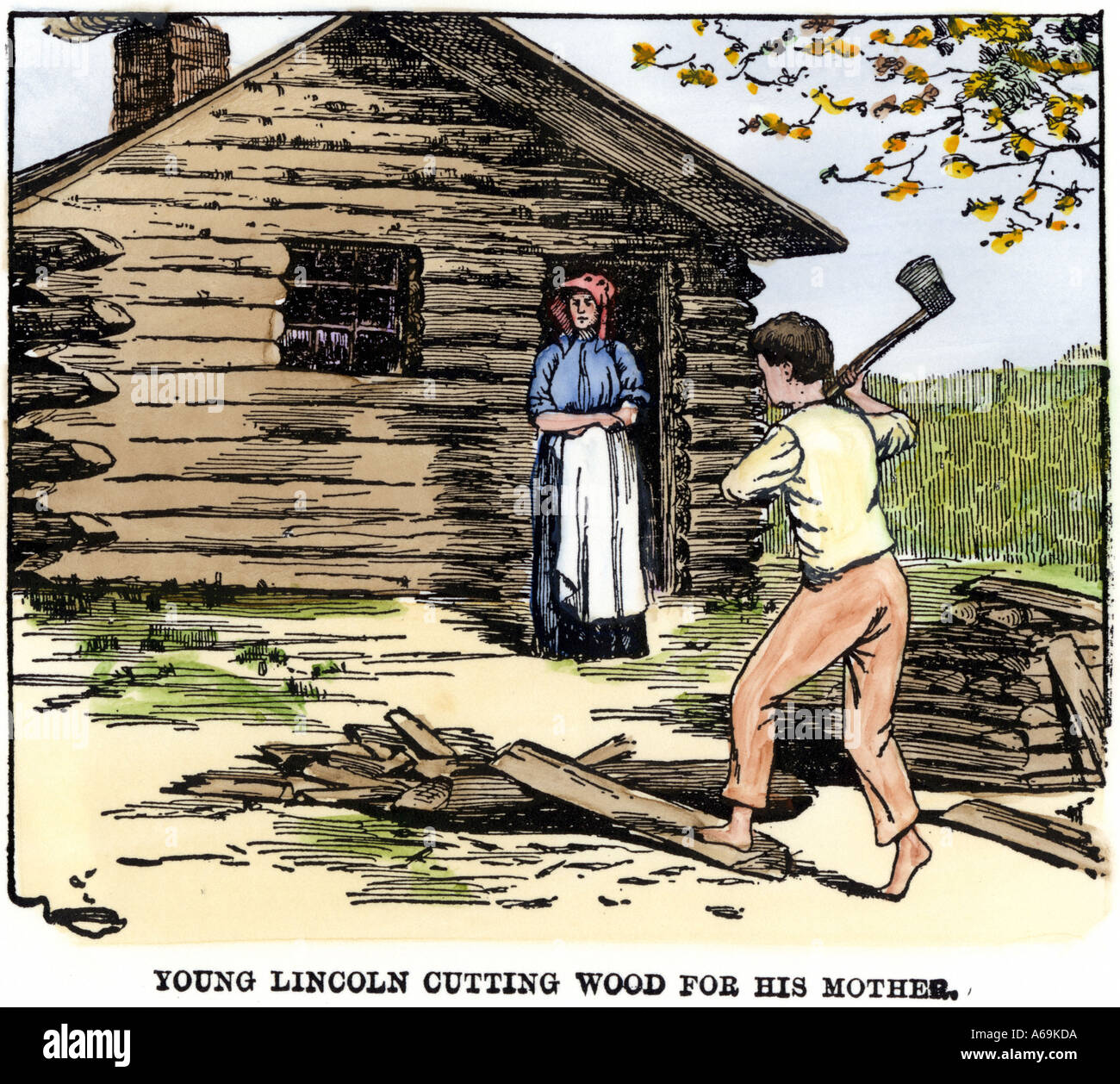 Young Abe Lincoln cutting wood for his mother at their log cabin. Hand-colored woodcut Stock Photo