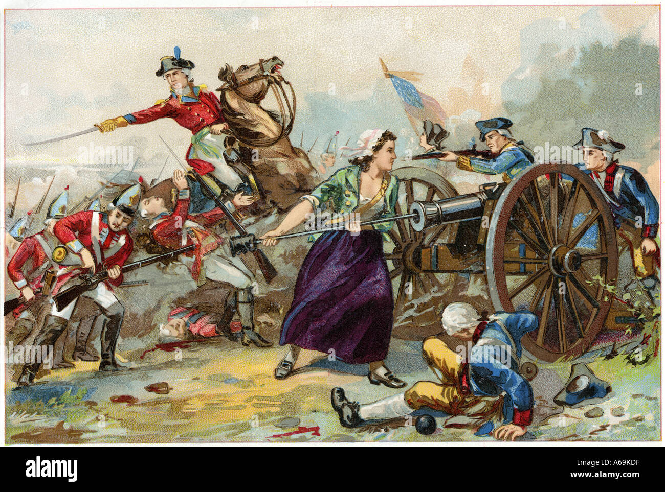 Moll Pitcher using a ramrod to help the Continental Army during the Battle of Monmouth 1778. Color lithograph Stock Photo