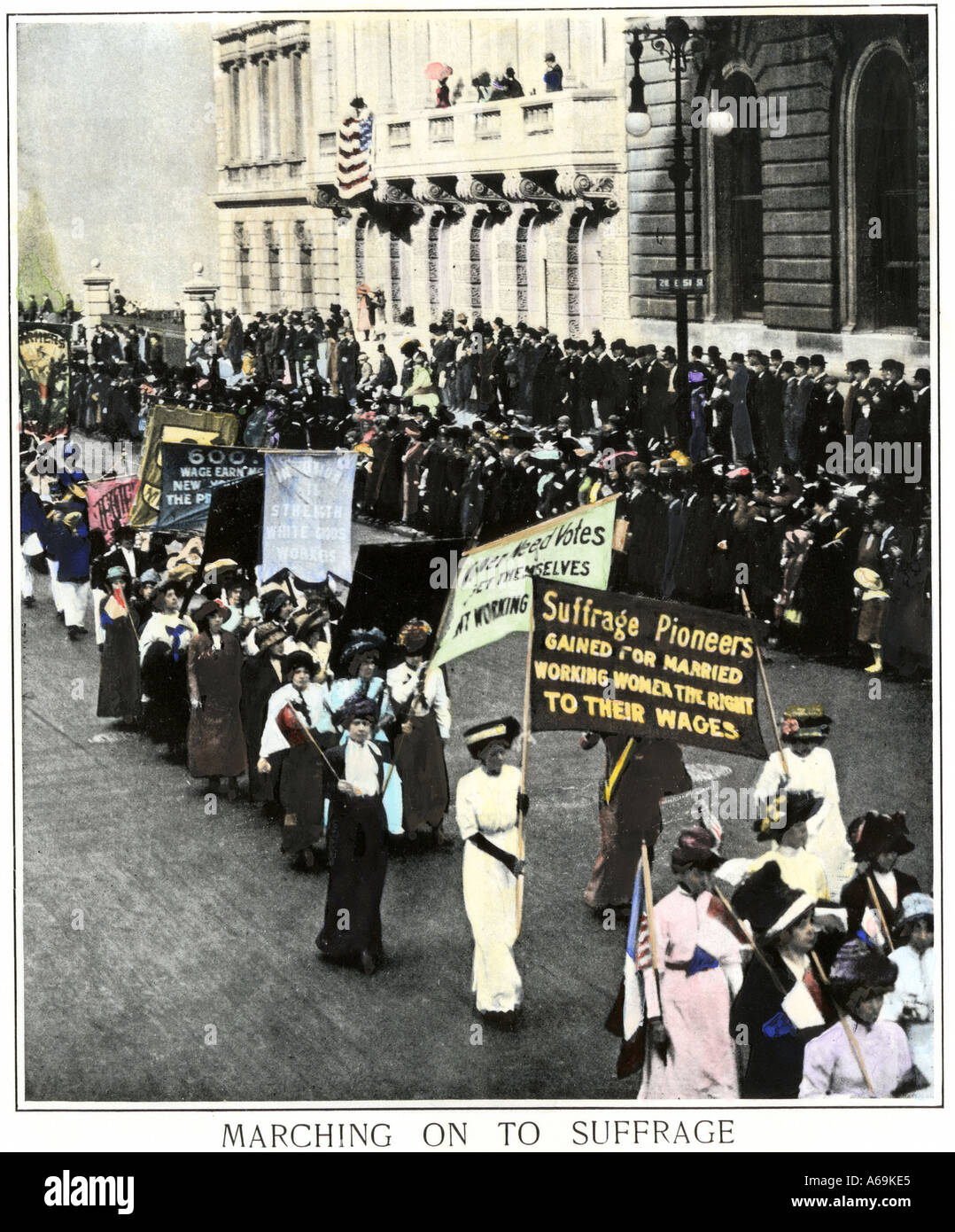 Womens suffrage march on Fifth Avenue in New York 1911. Hand-colored halftone of a photograph Stock Photo