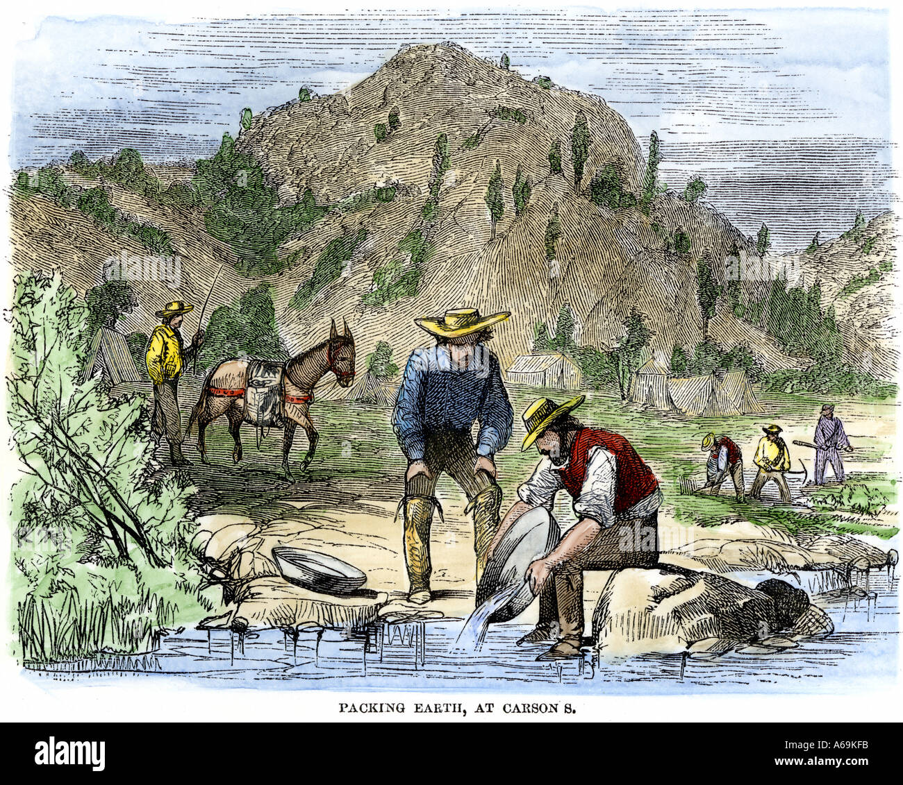 Gold Rush prospectors washing  sediment from a stream to find nuggets in California. Hand-colored woodcut Stock Photo
