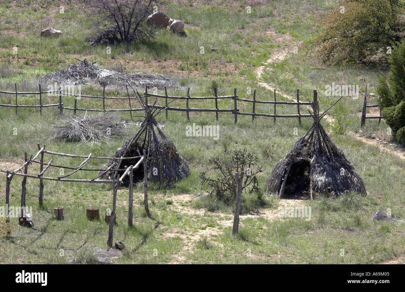 Apache wickiups in a reconstructed village Fort Apache Reservation Arizona. Digital photograph Stock Photo