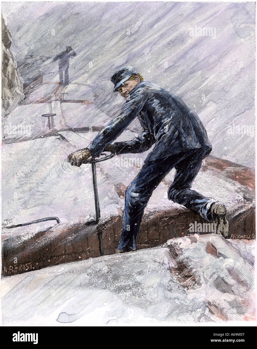 Railroad brakemen working on a freight train in a snowstorm 1890s. Hand-colored woodcut Stock Photo