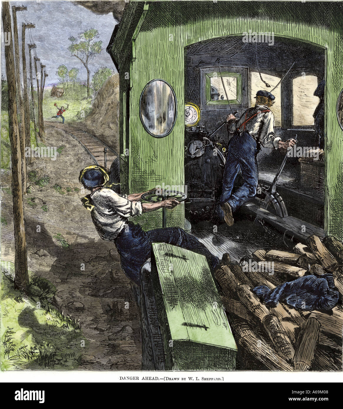 Flagman warning a railroad crew of danger ahead on the tracks. Hand-colored woodcut Stock Photo