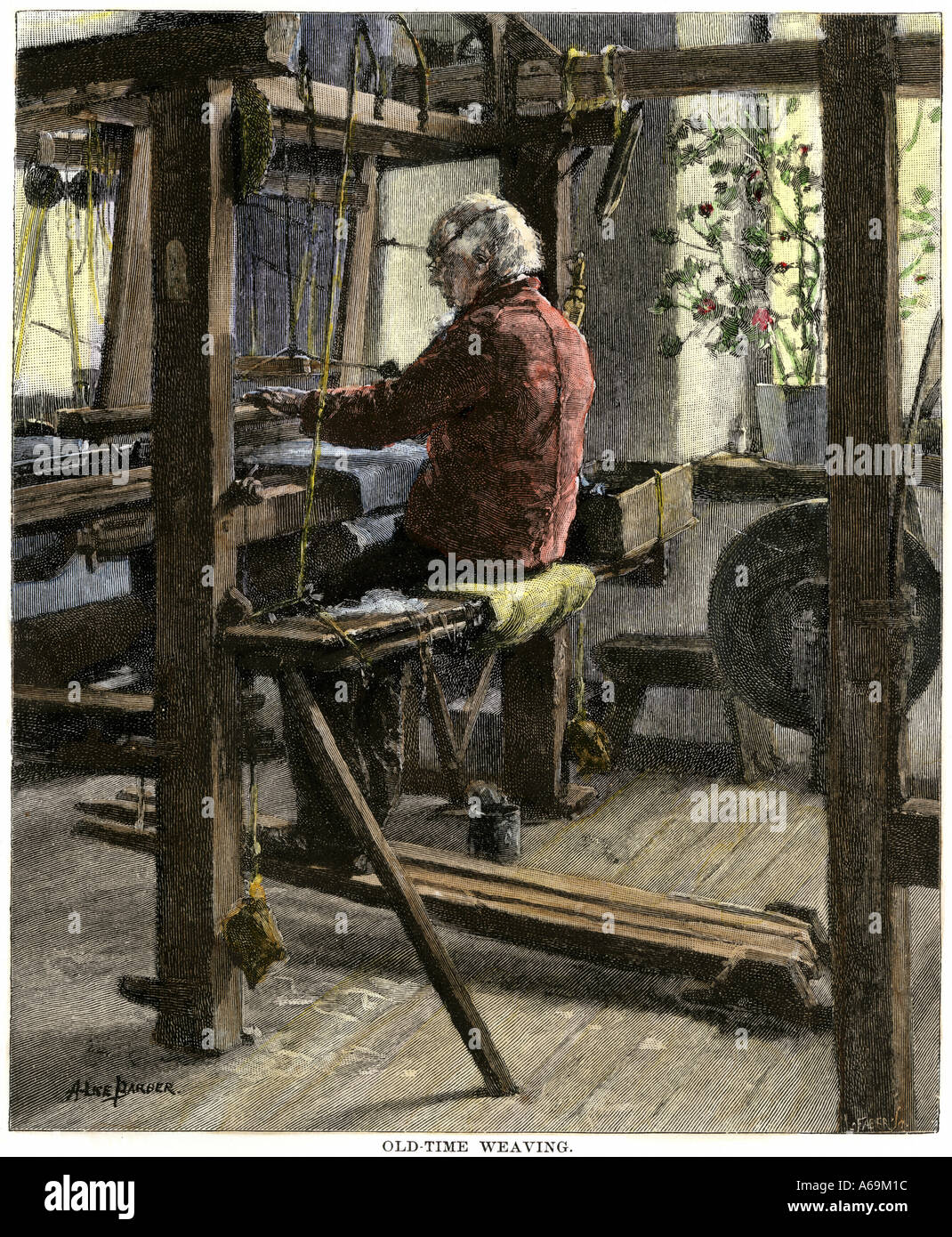 Man weaving on a large hand loom. Hand-colored woodcut Stock Photo