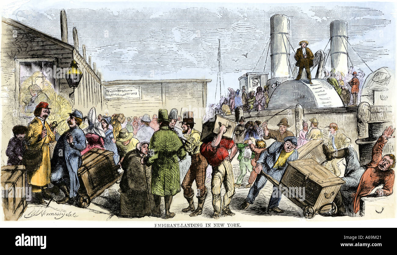 Immigrants landing in New York City 1850s. Hand-colored woodcut Stock Photo