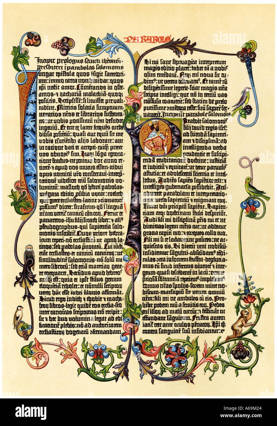 Page of Gutenberg s 42 line Bible printed in the 1450 s probably the first use of moveable type. Color lithograph Stock Photo