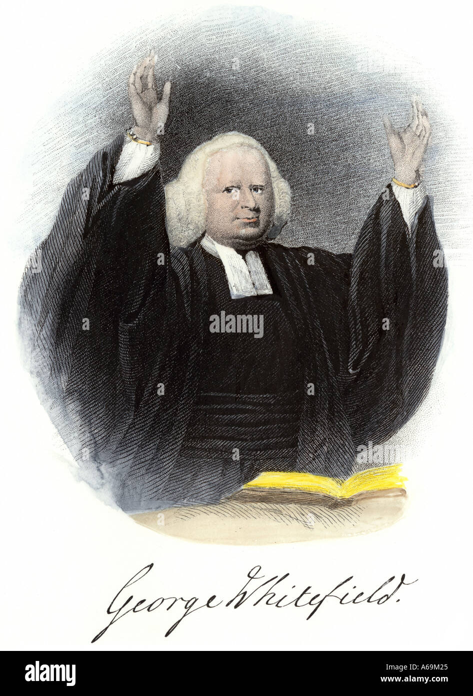 Methodist evangelist George Whitefield preaching with his autograph. Hand-colored steel engraving Stock Photo