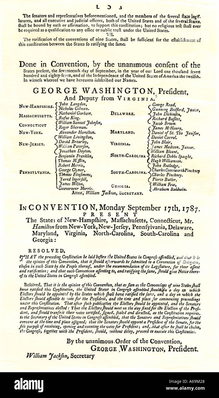 Resolution to ratify the U S Constitution 1787. Woodcut with a watercolor wash Stock Photo