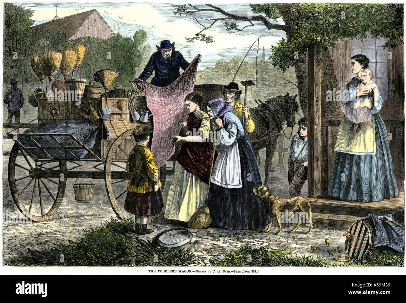 Peddler selling his wares to an American farm family from his horse-drawn wagon 1800s. Hand-colored woodcut Stock Photo