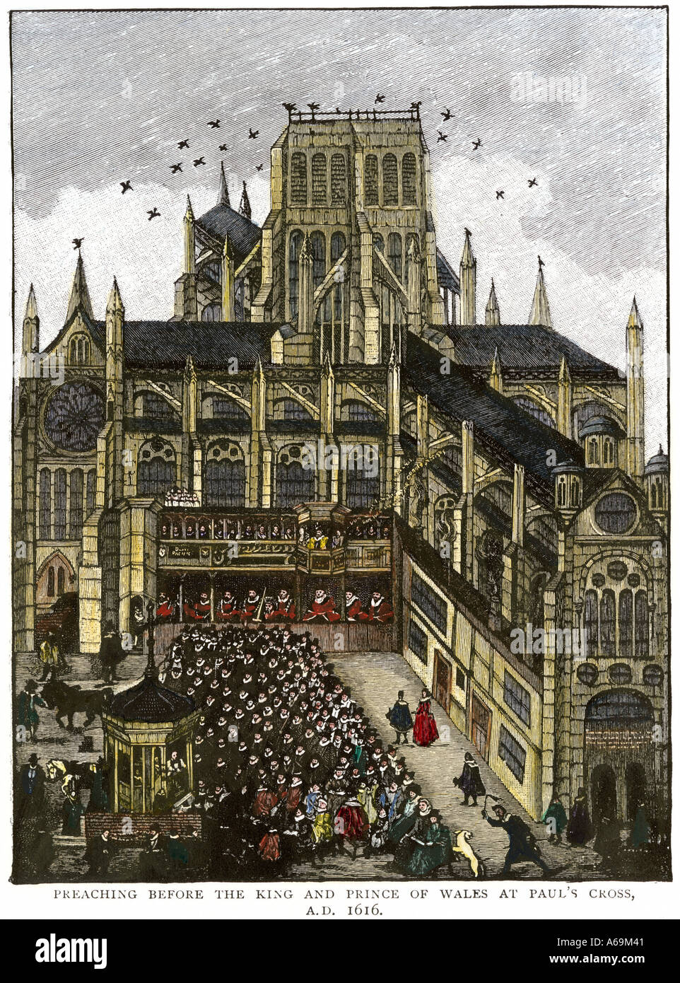 Preaching before King James I at Pauls Cross in London 1616. Hand-colored woodcut Stock Photo