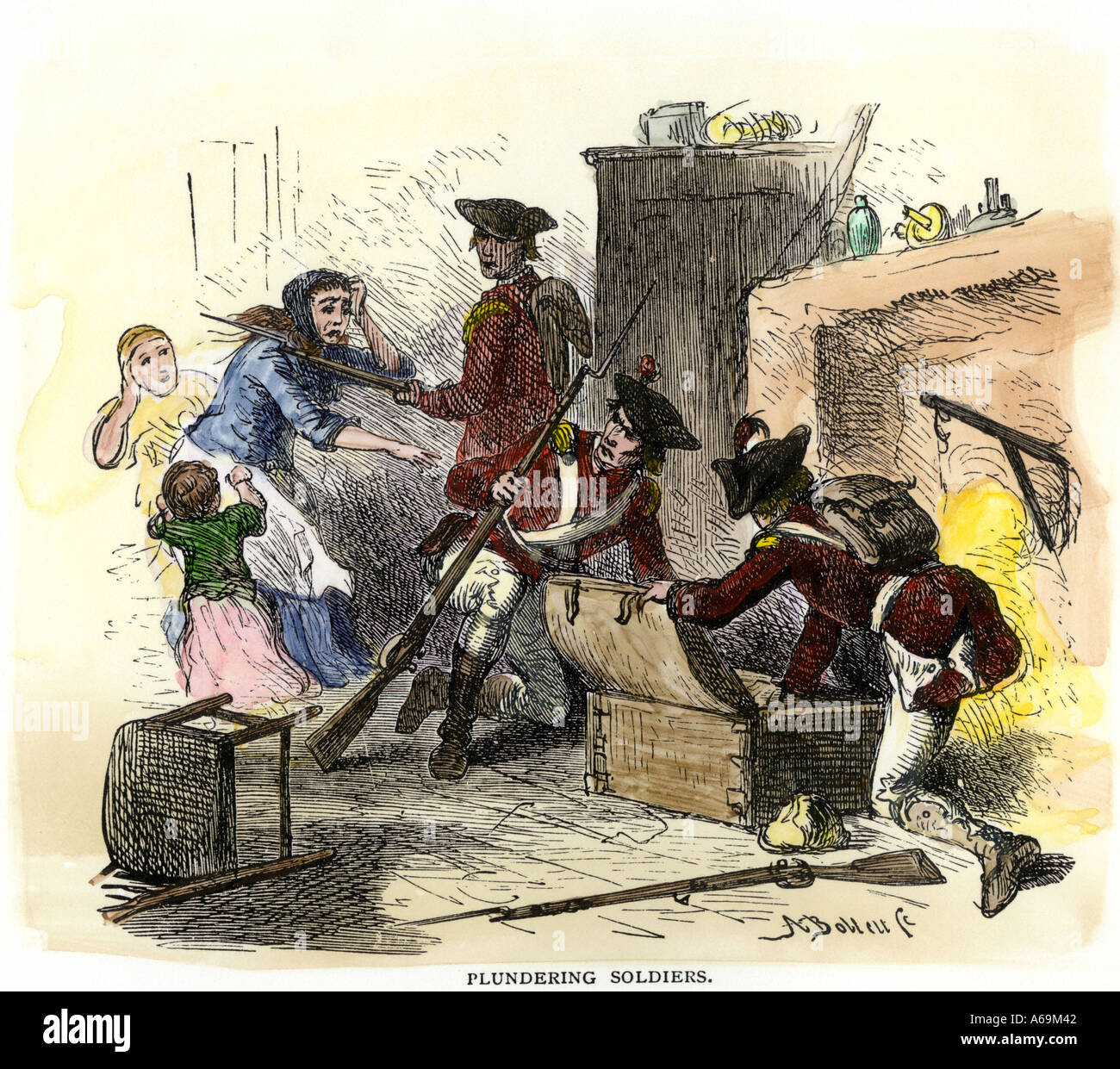 British soldiers plundering an American colonial home 1700s. Hand-colored woodcut Stock Photo