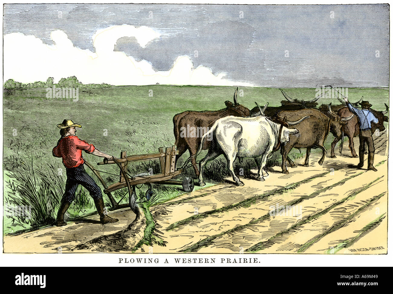 Settler plowing a western prairie 1800s. Hand-colored woodcut Stock Photo