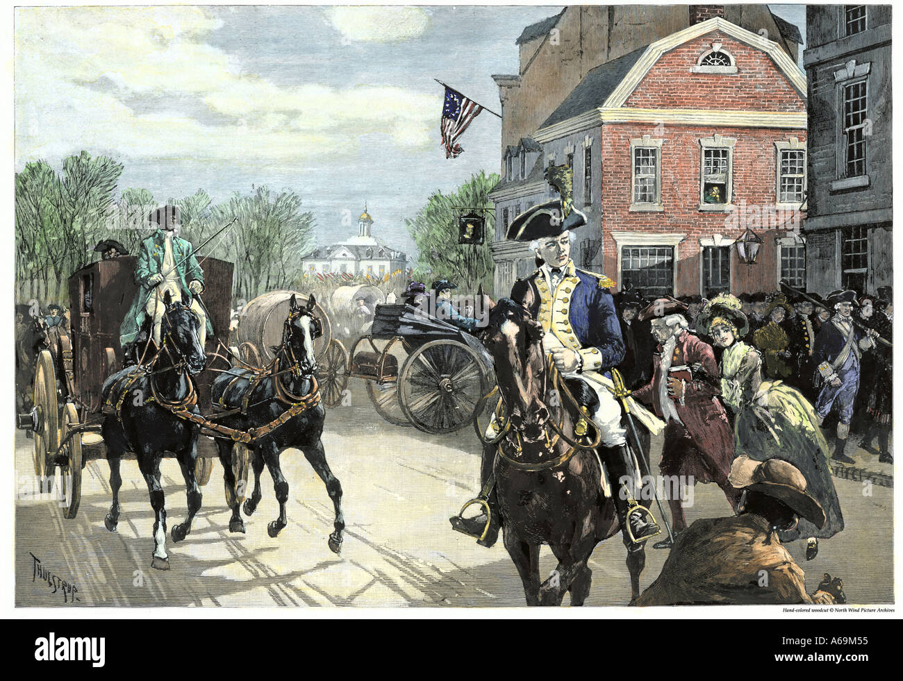 Busy New York City the day of George Washington inauguration at Federal Hall on Wall Street 1789. Hand-colored woodcut Stock Photo