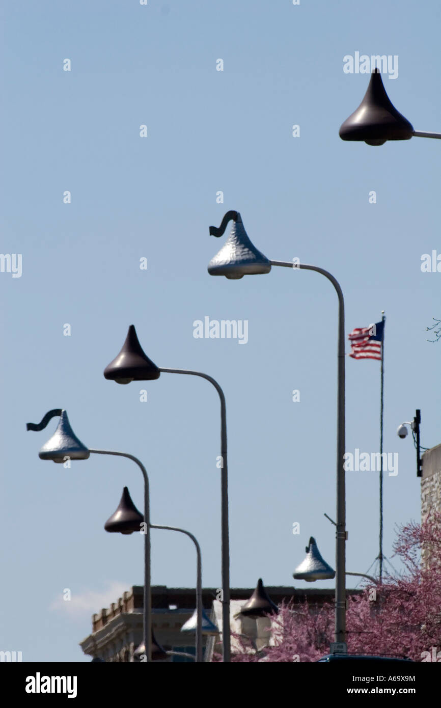 Street lights shaped like chocolate kisses in company town of Hershey Pennsylvania Stock Photo