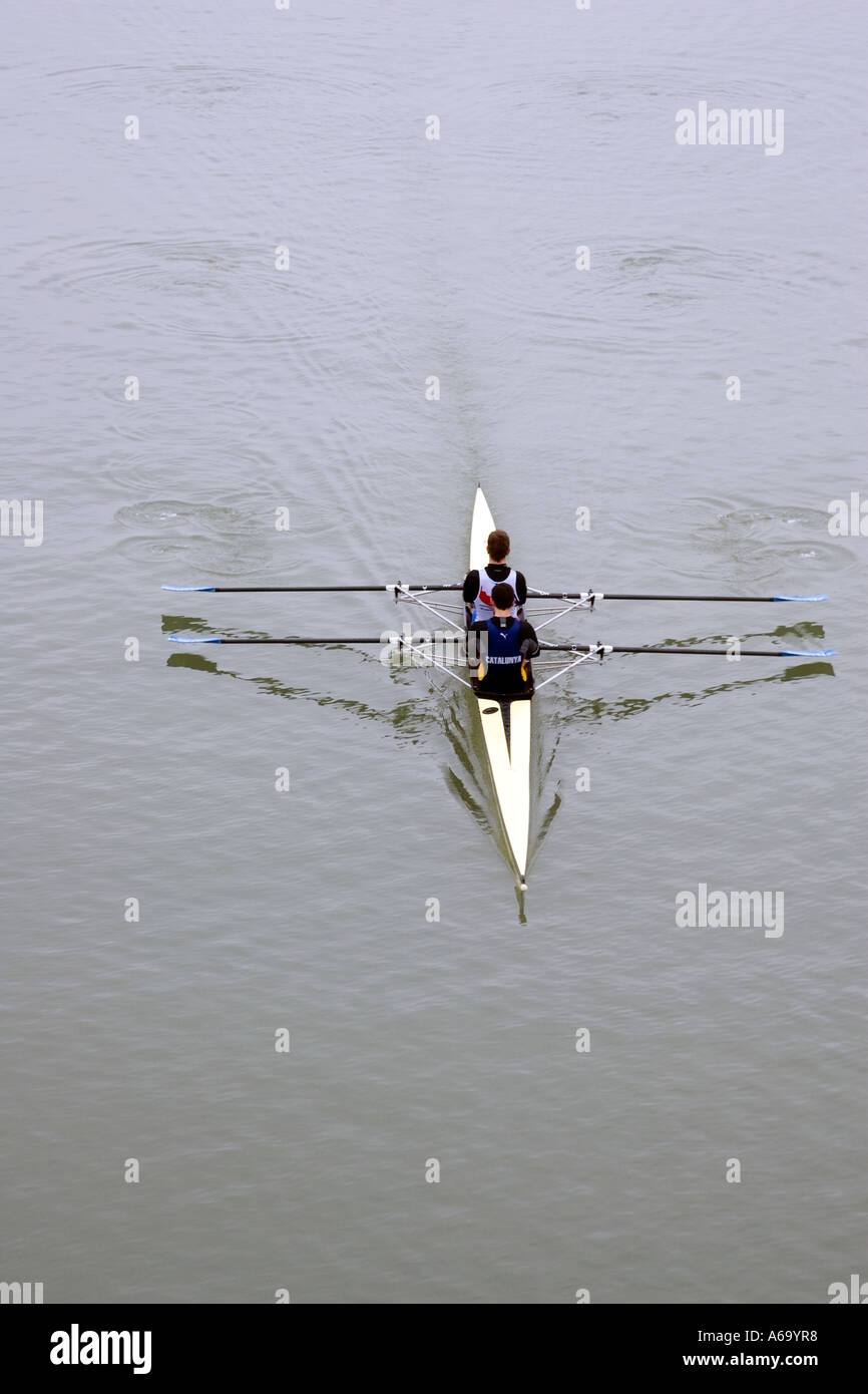 Team practicing double scull on Guadalquivir river, Seville, Spain Stock Photo