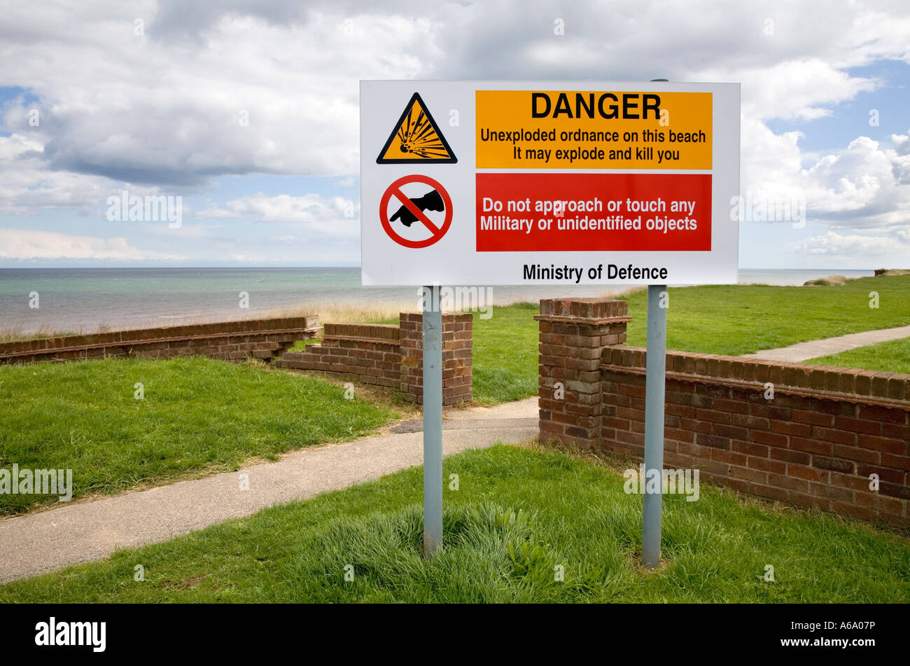 Ministry of Defense warnings signs on the coastal path at Aldbrough, Yorkshire, UK. Stock Photo