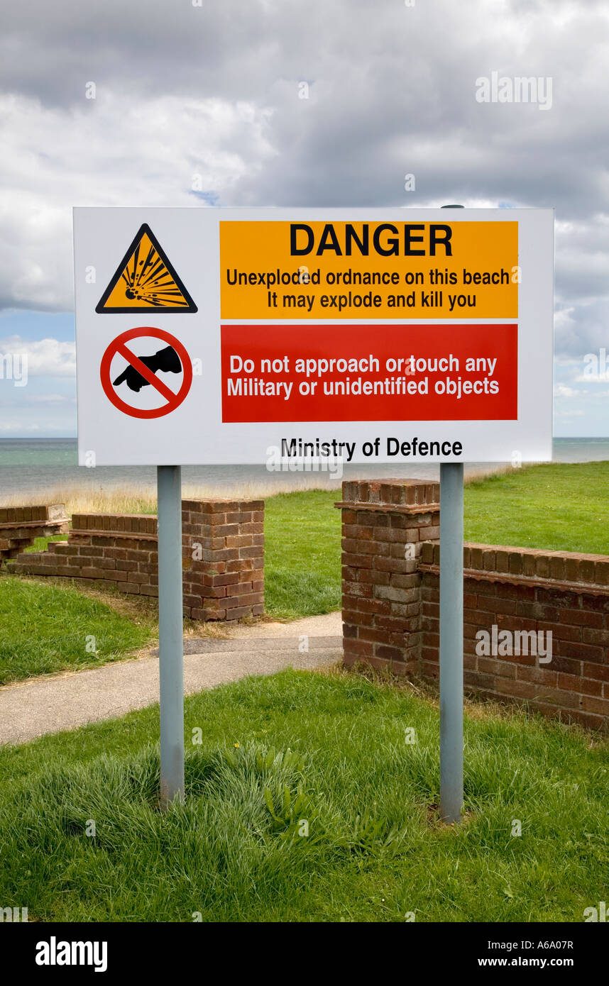 Ministry of Defense warnings signs on the coastal path at Aldbrough, Yorkshire, UK. Stock Photo