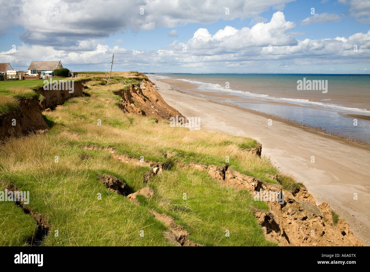 The collapsing cliff edge at Aldbrough, Yorkshire, UK. Erosion of the East coast. Stock Photo