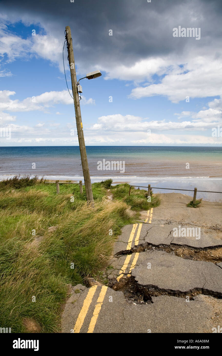 Seaside Road in Aldbrough, Yorkshire, UK. Erosion along the North Sea coastline. Stock Photo