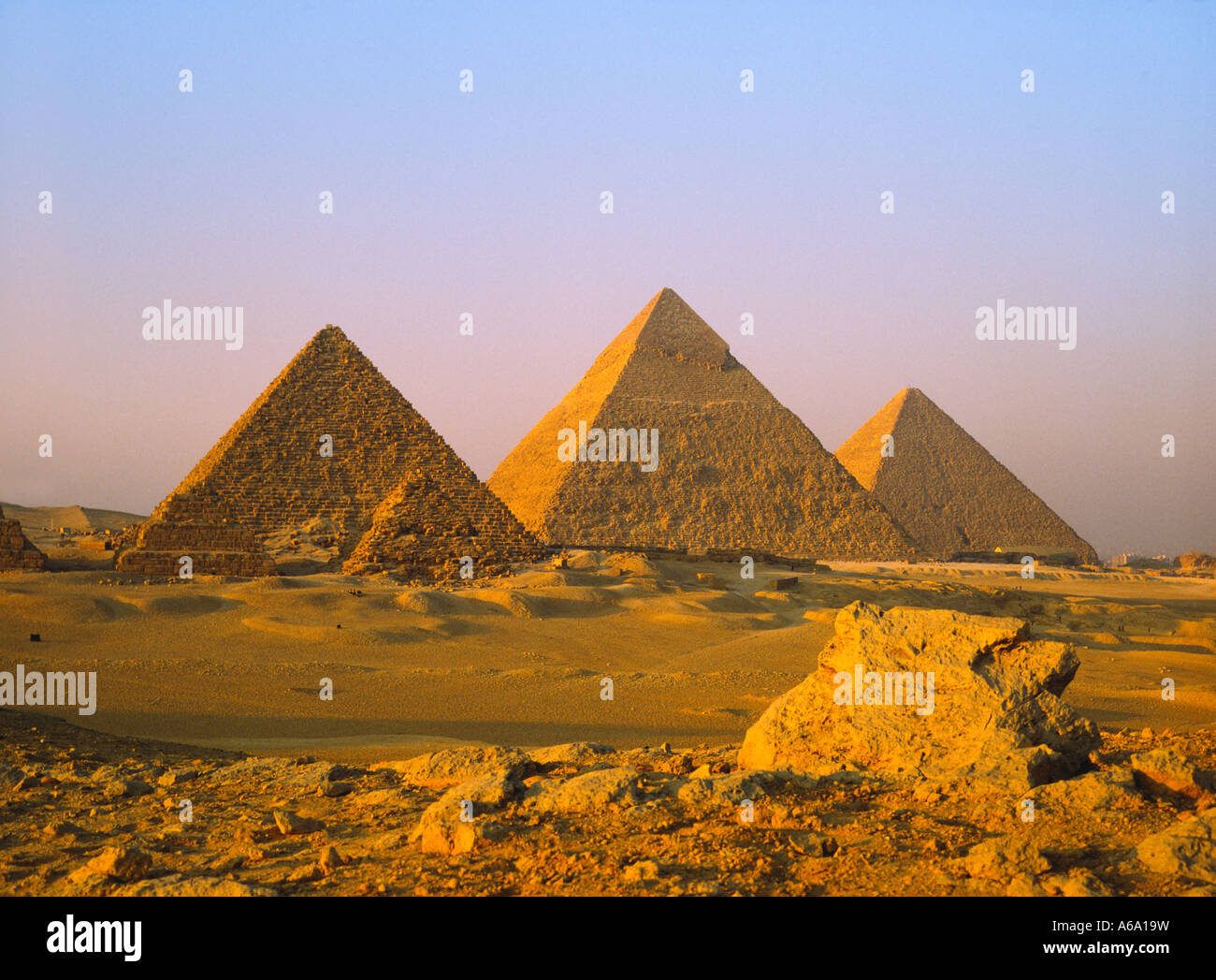 Giza, Egypt; View of the Pyramids at sunset Stock Photo - Alamy