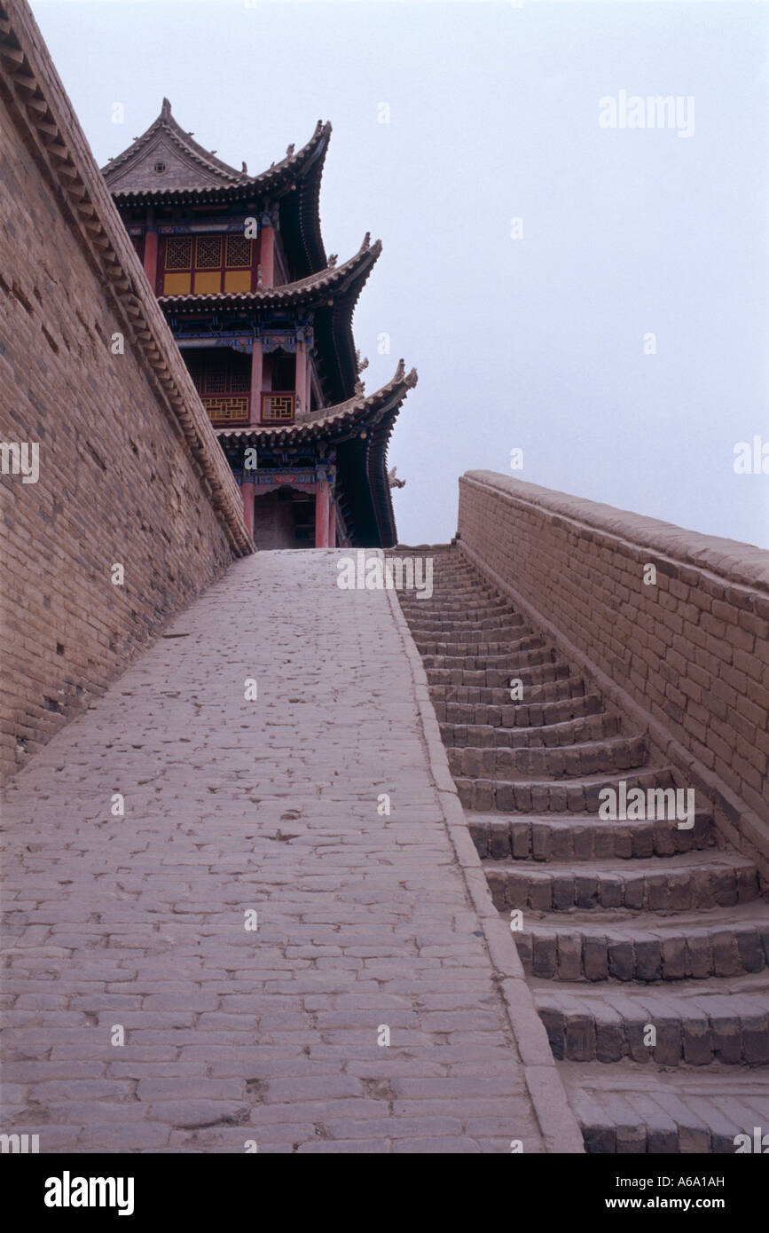 China, Jiayuguan Fort, stone steps and walls at Ming-dynasty fortress made of tamped earth and bricks, low angle view Stock Photo