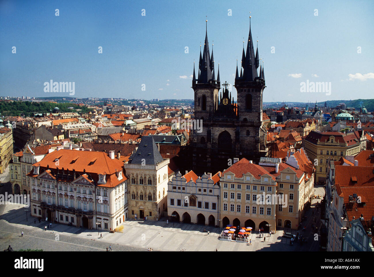 Prague, Czech Republic; view of the Teyn Church from the Old Town hall tower. Stock Photo