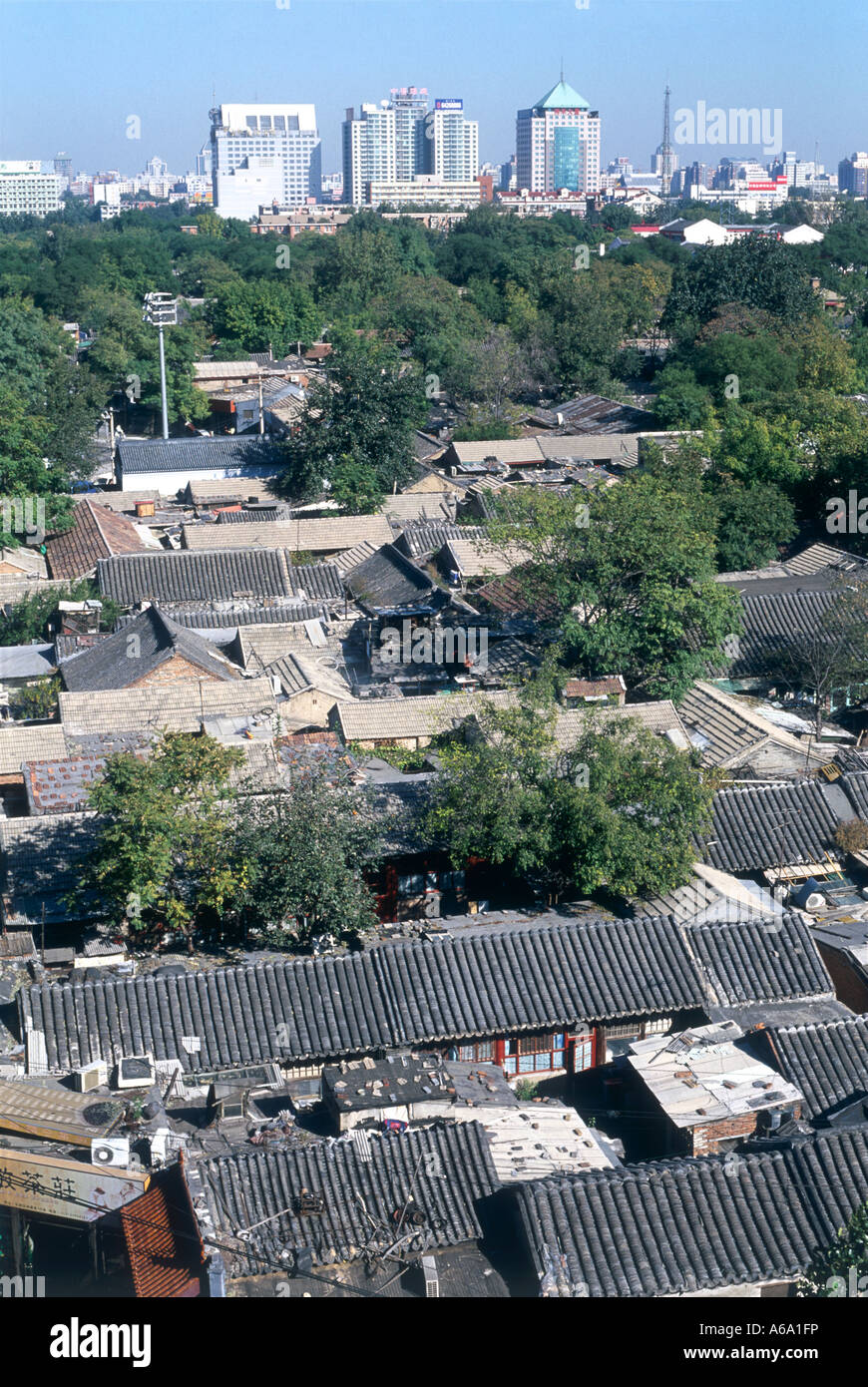 China, Beijing, rooftops of traditional, crowded courtyard housing ...