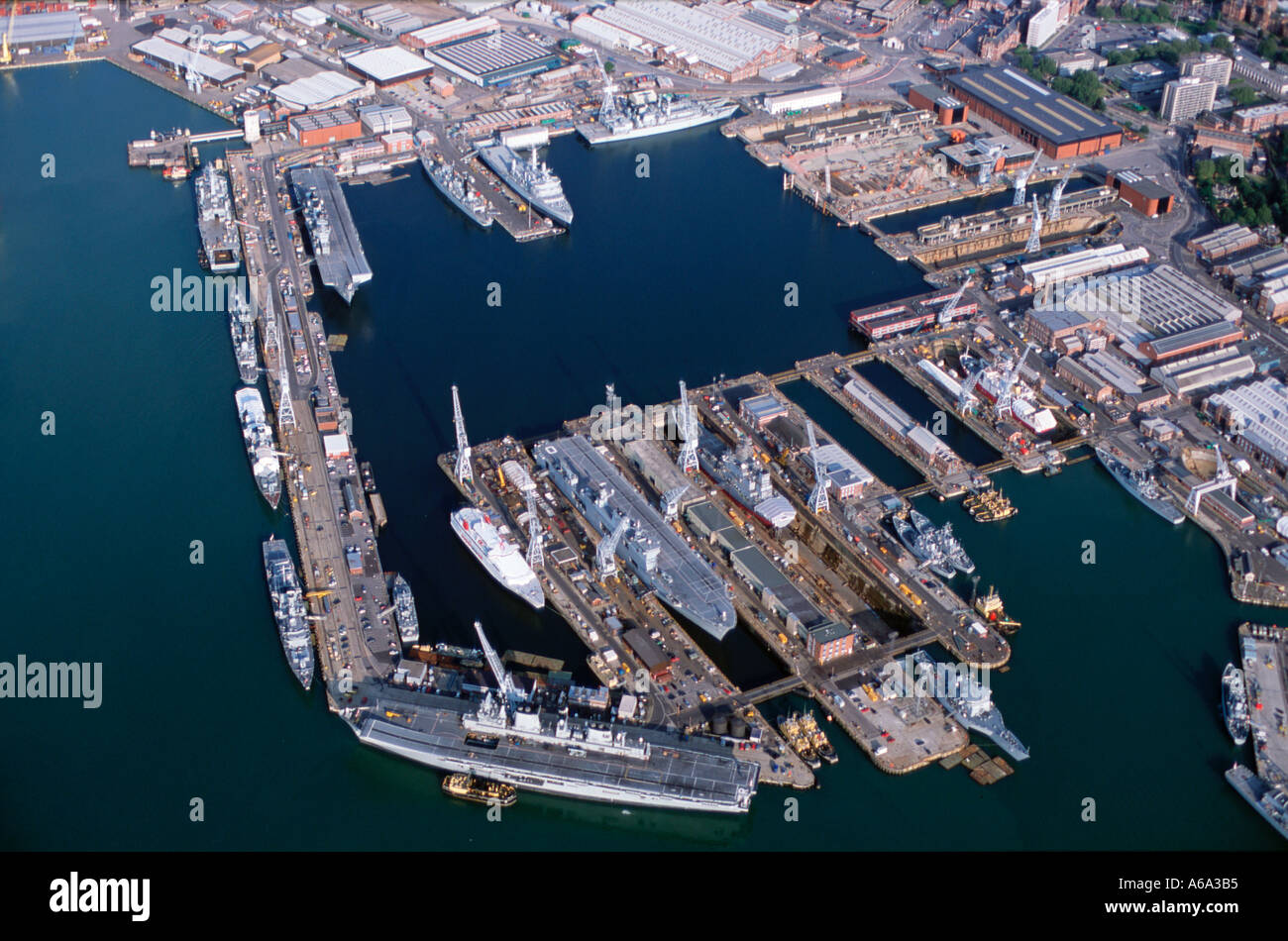 Aerial View of British Naval Base Portsmouth UK showing HMS Ark Royal July 2002 Stock Photo