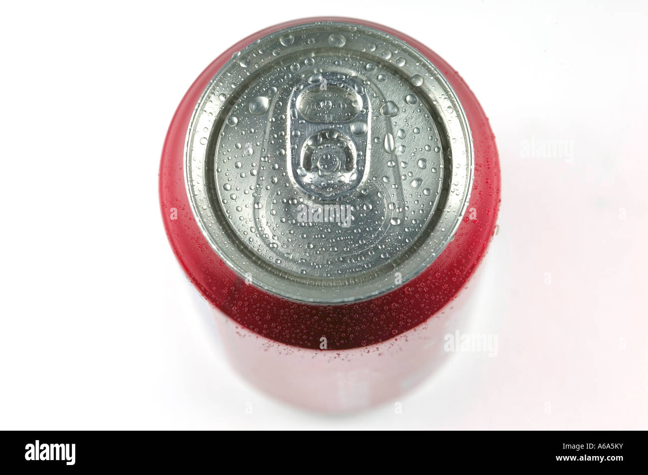 Can of soda with water drops macro isolated on white Stock Photo