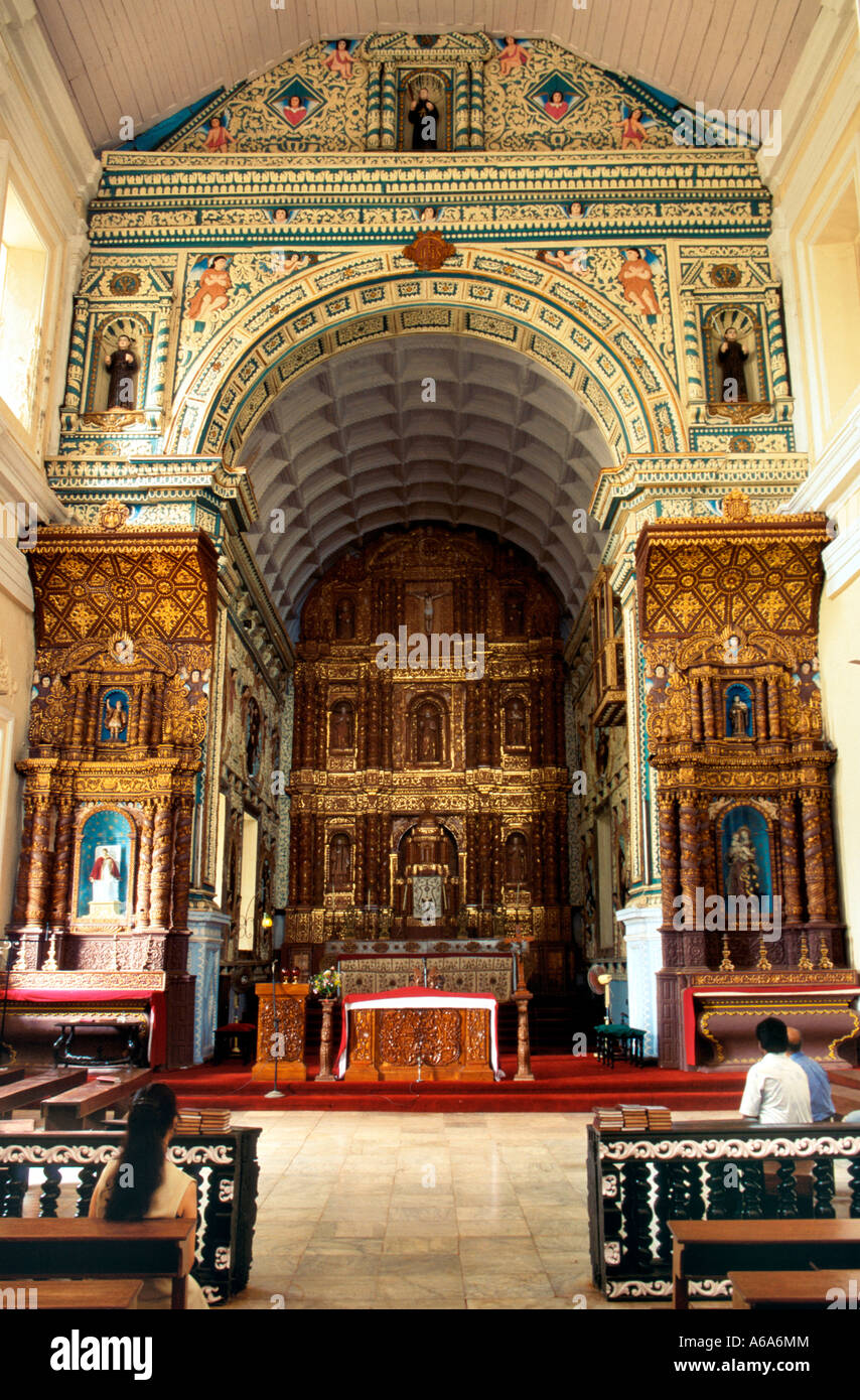 Baroque style Altar in the chapel at Rachol Seminary Salcete Goa. 16th century Portuguese Colonial Architecture in Goa India Stock Photo