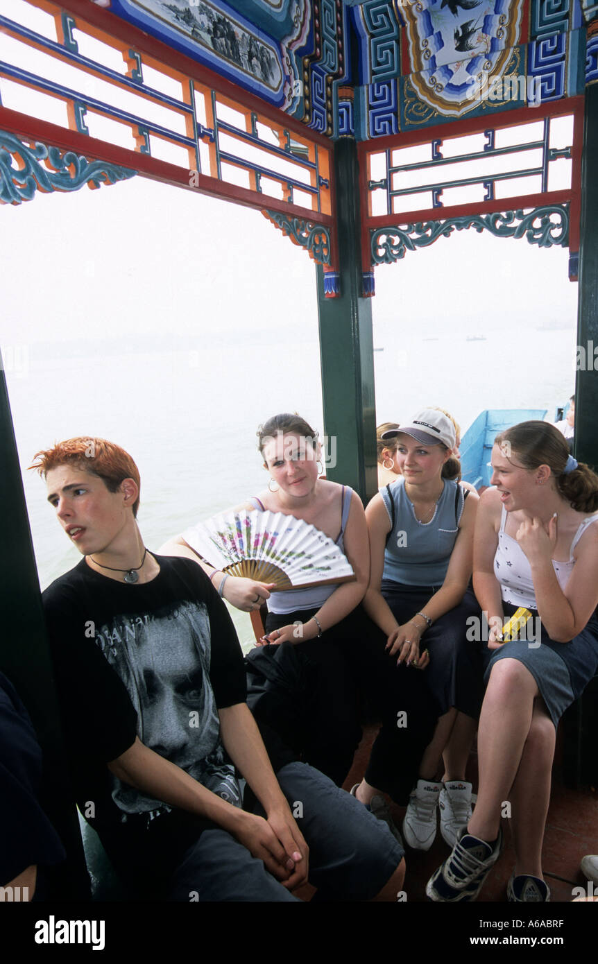 British students on a dragon boat travel at Summer Palace in Beijing China 2001 Stock Photo