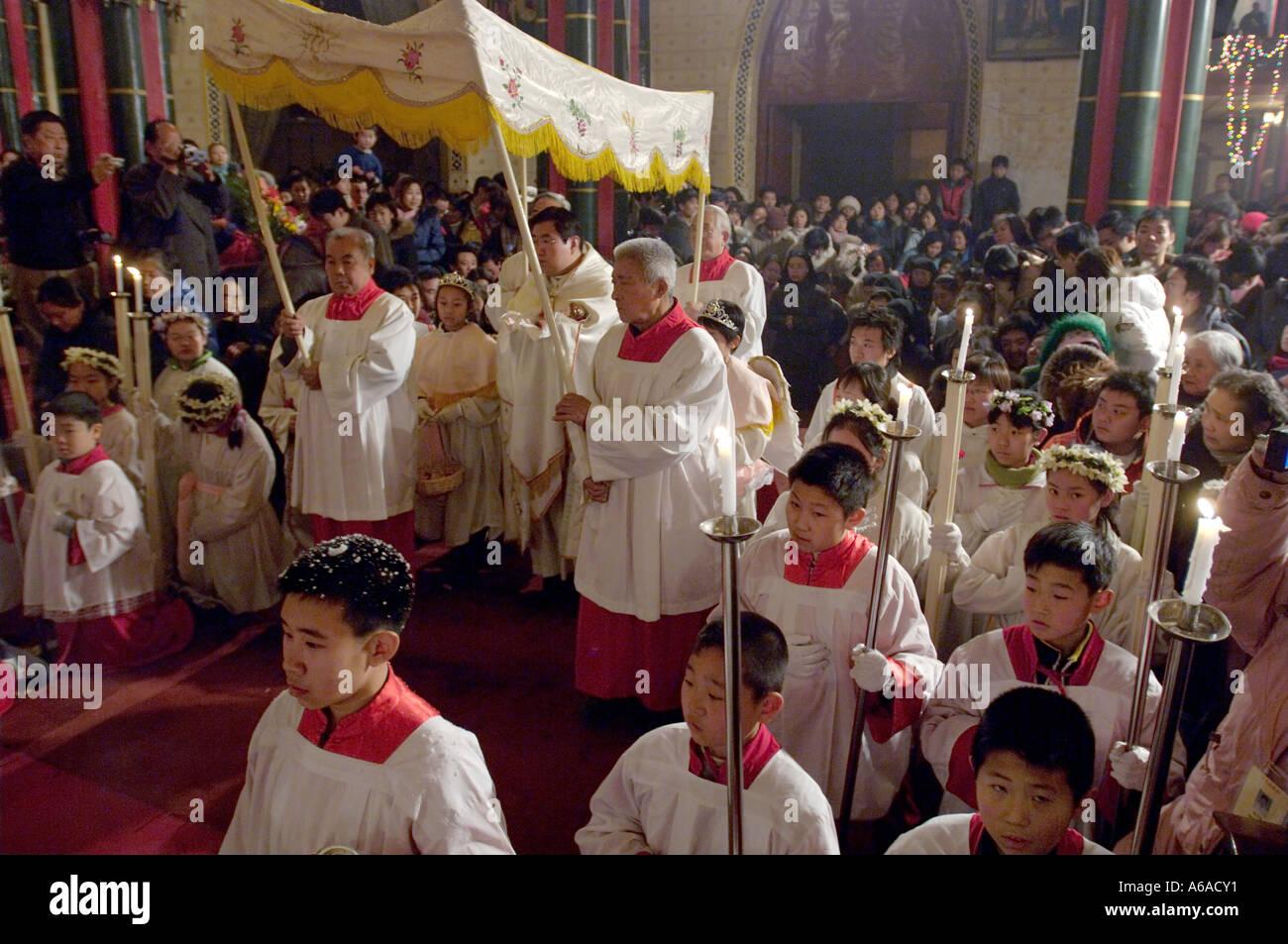 Christmas Mass at North Cathedral (Xishiku) in Beijing, China. Stock Photo