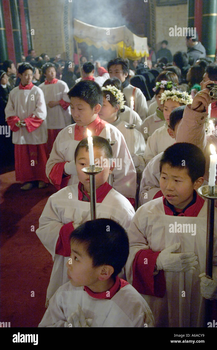 Christmas Mass at North Cathedral (Xishiku) in Beijing, China. Stock Photo