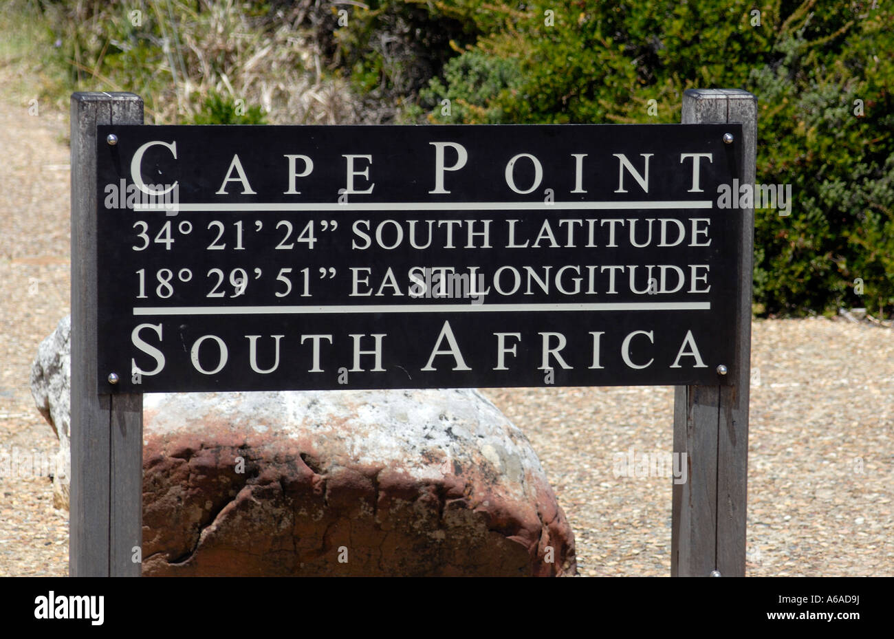 Notice board at Cape Point saying Cape Point 34 21 24 South Latitude 18 29 51 East Longitude Stock Photo
