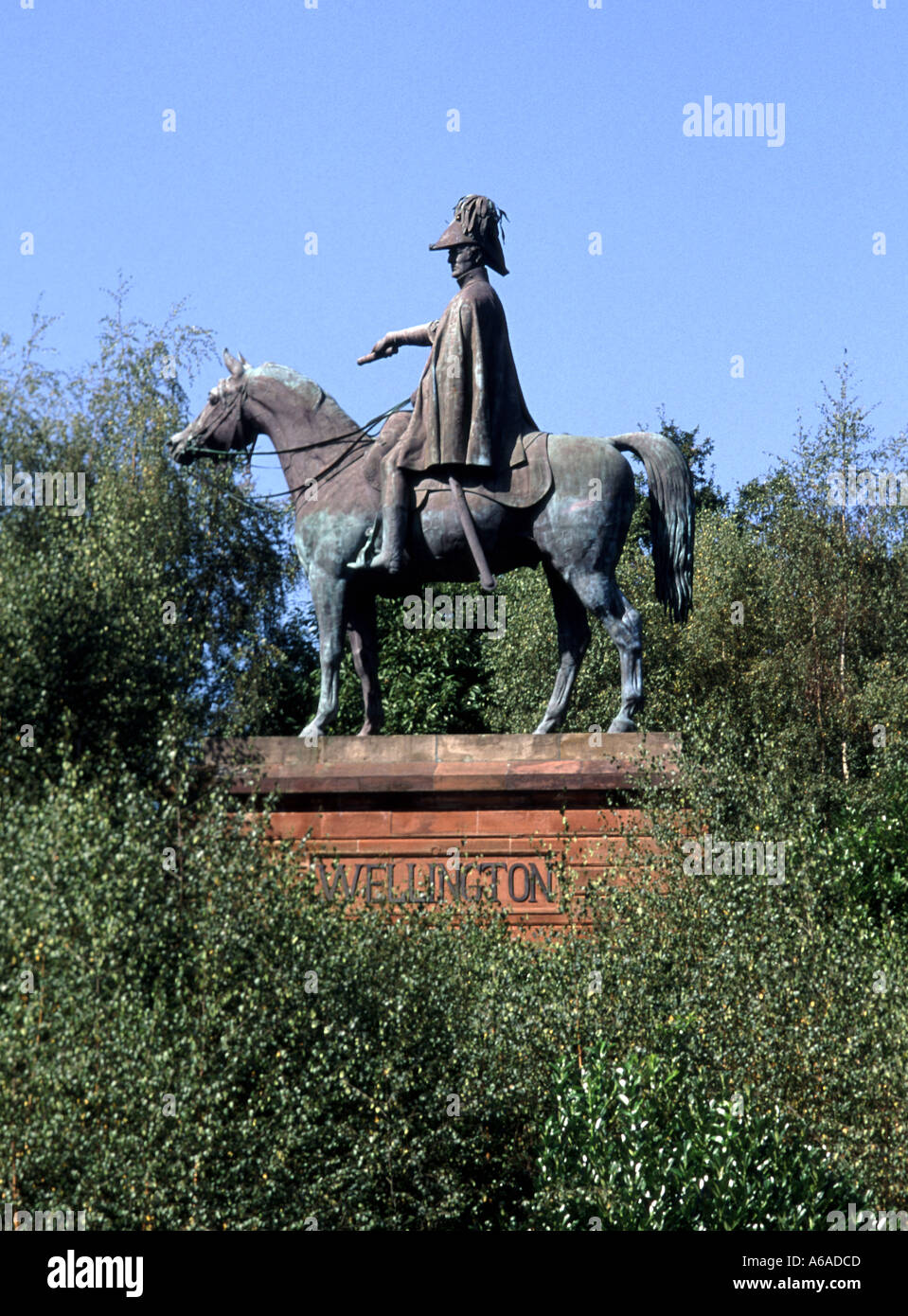 First Duke of Wellington mounted on his horse in a close up of equestrion statue on a blue sky day at Round Hill Aldershot Hampshire England UK Stock Photo