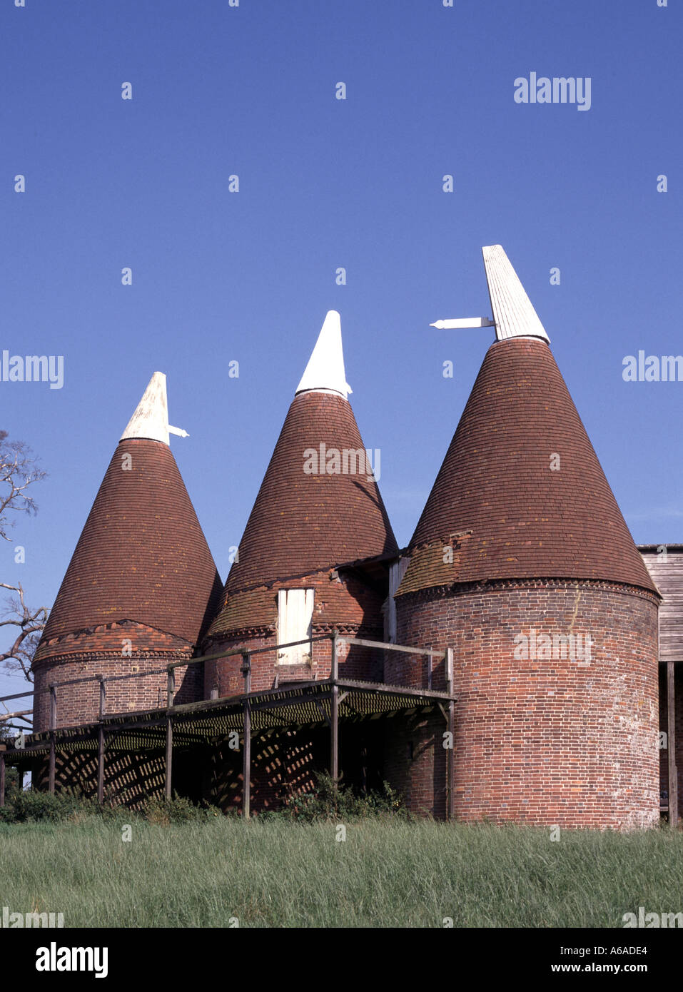 Oast house vernacular architecture kiln drying hops in beer brewing process nostalgic heritage feature of history in changing Kent & English landscape Stock Photo