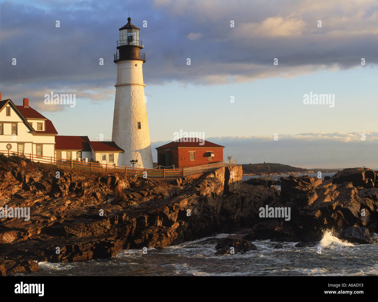 Portland Head Lighthouse on Atlantic Coast of Maine at sunrise Stock Photo