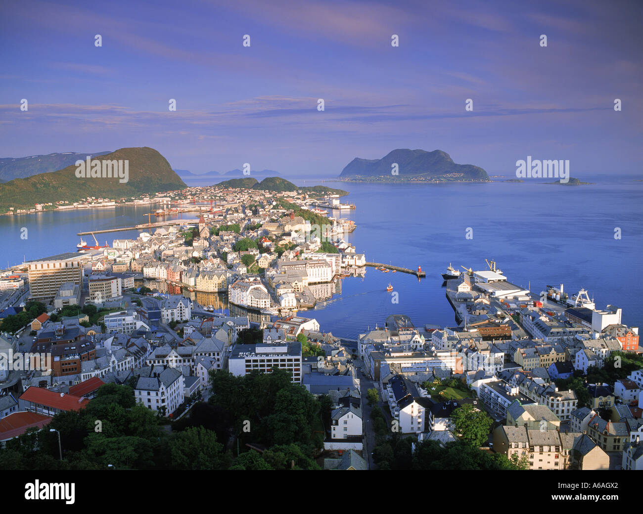Overview of coastal village of Ålesund in Northern Norway at dawn Stock Photo