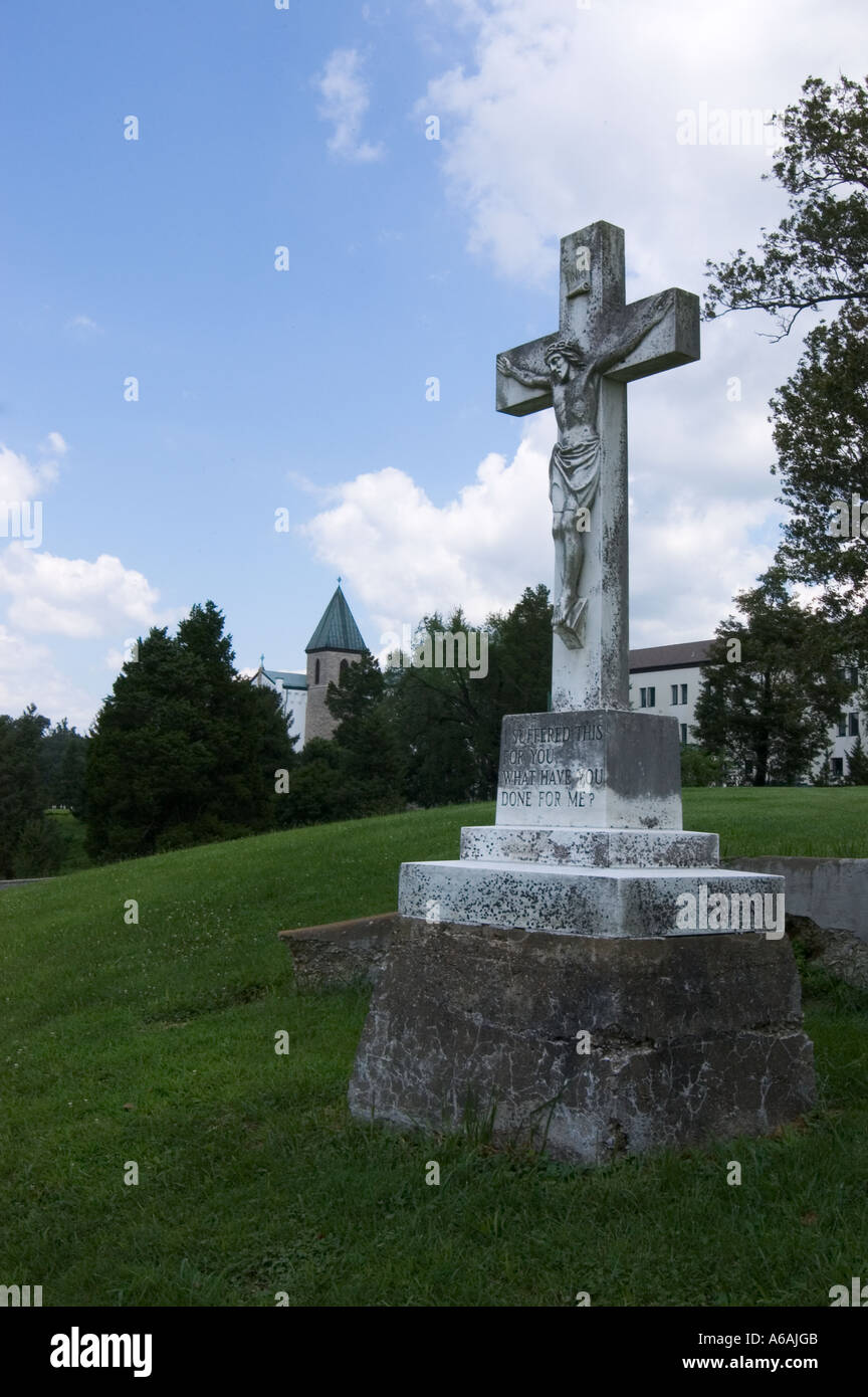 Stone crucifix monument at the Abbey of Gethsemani in Trappist Kentucky Stock Photo
