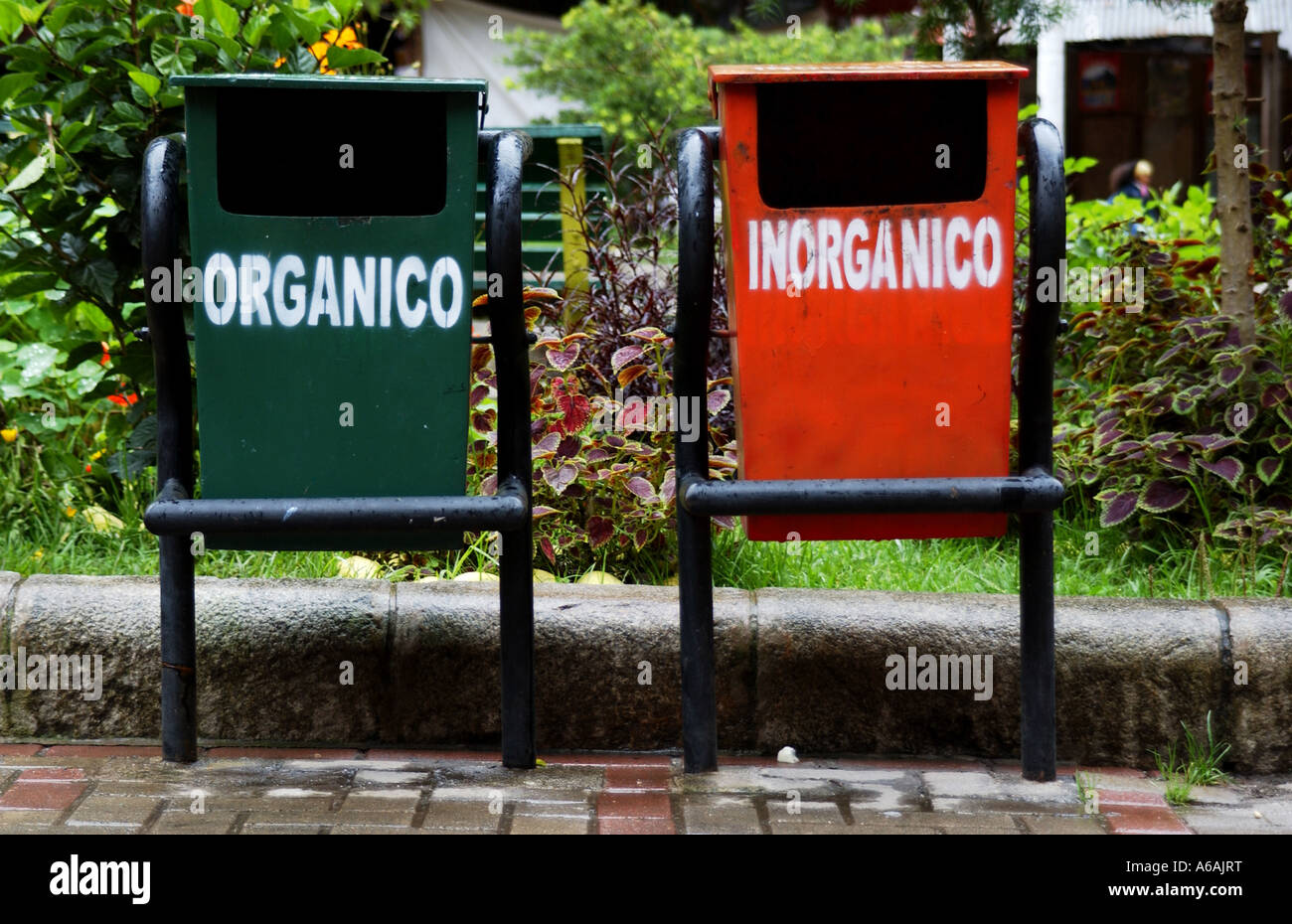 organic and non organic rubbish dustbins on the street in Aguas Calientes, Peru, South America Stock Photo