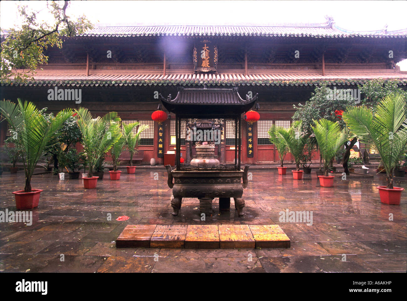 China, Shanxi, Taihuai, Wutai Shan, Chongshan Si, incense burner outside Buddhist monastery Stock Photo