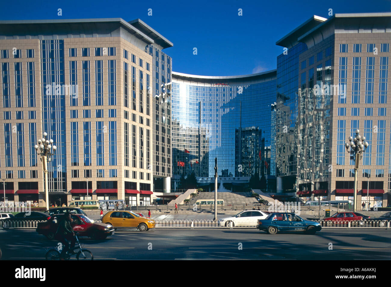 China, Beijing, Oriental Plaza Complex, facade and entrance to modern, glimmering hotel complex Stock Photo