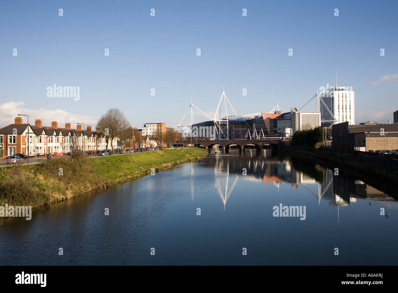 Terraced houses and the Arms Park rugby ground beside the River Taff