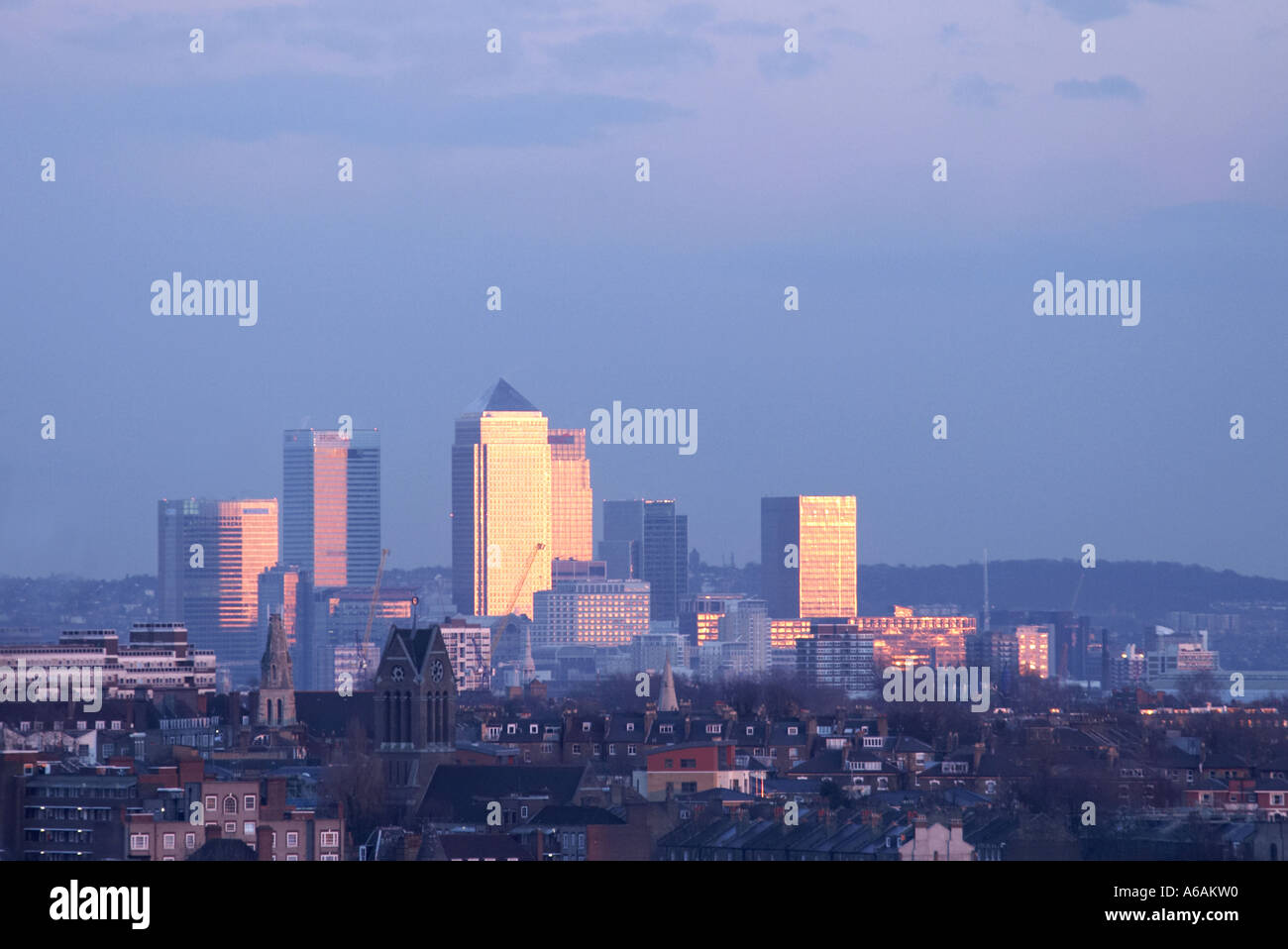 Canary Wharf skyline at dusk in the Docklands London UK Stock Photo - Alamy