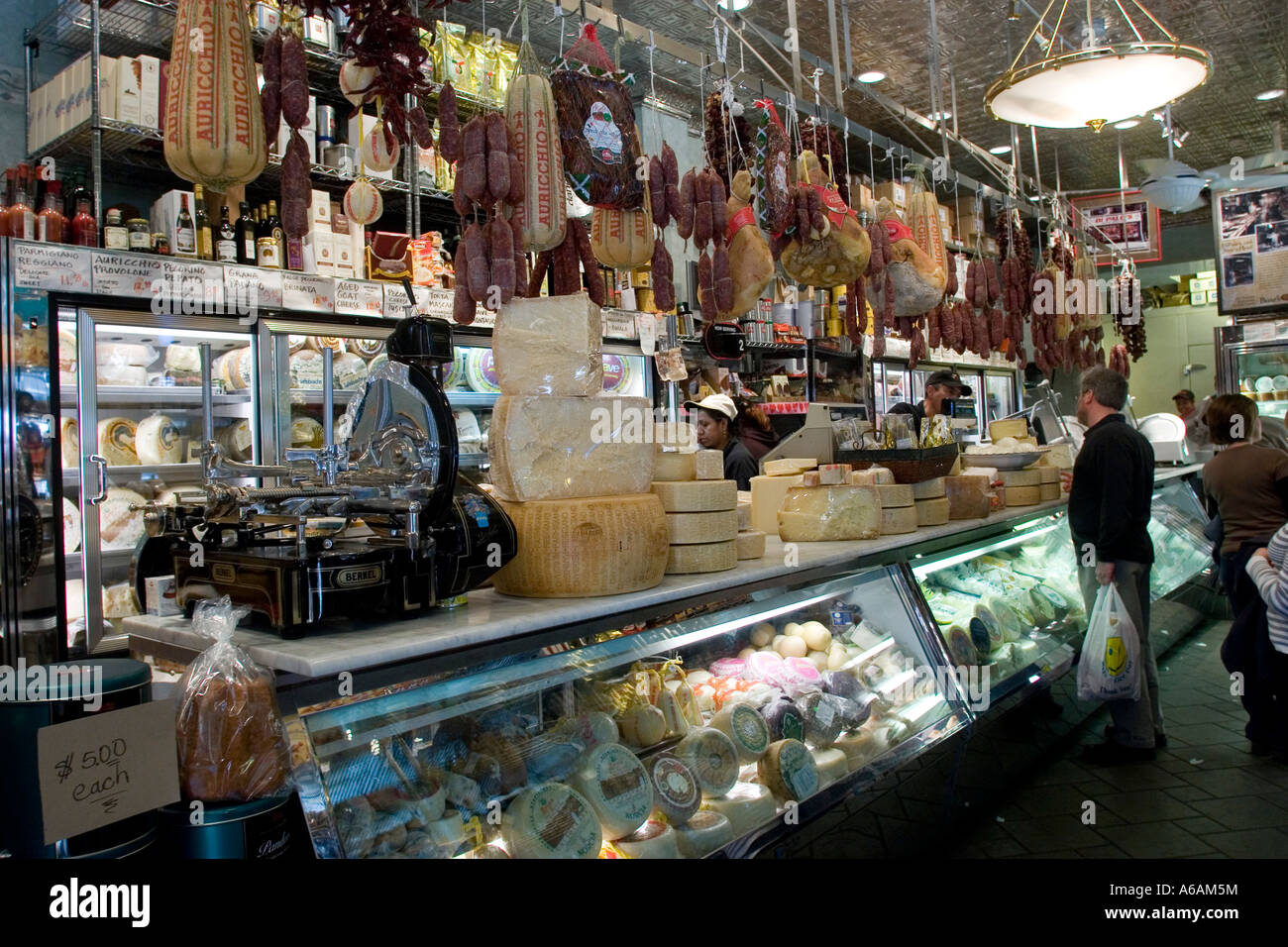 Food displayed in Delicatessen in Little Italy New York City NYC NY USA Stock Photo