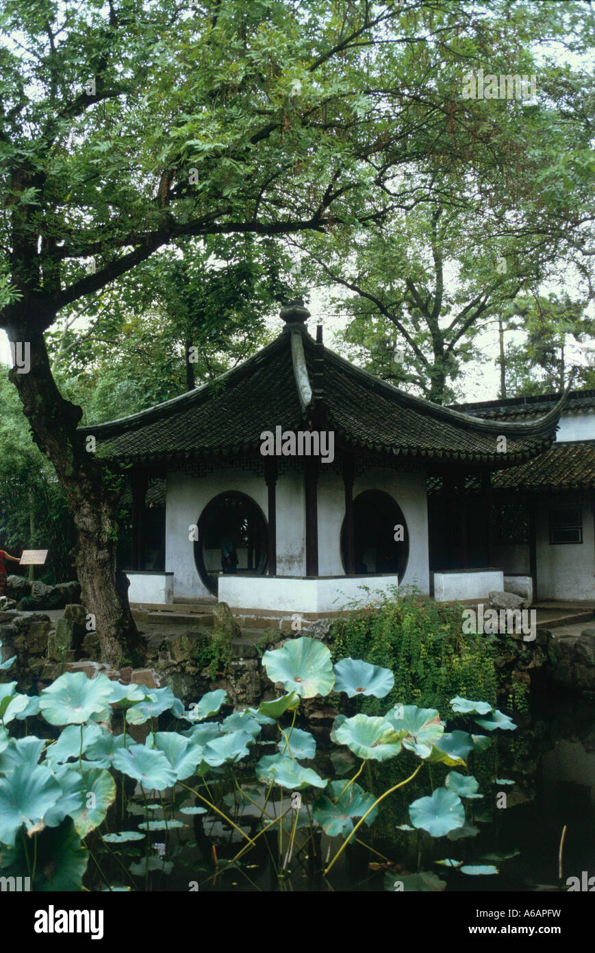 China, Jiangsu, Suzhou, Zhuozheng Yuan Secluded Pavilion of Firmiana Simplex  Bamboo round entrances Stock Photo